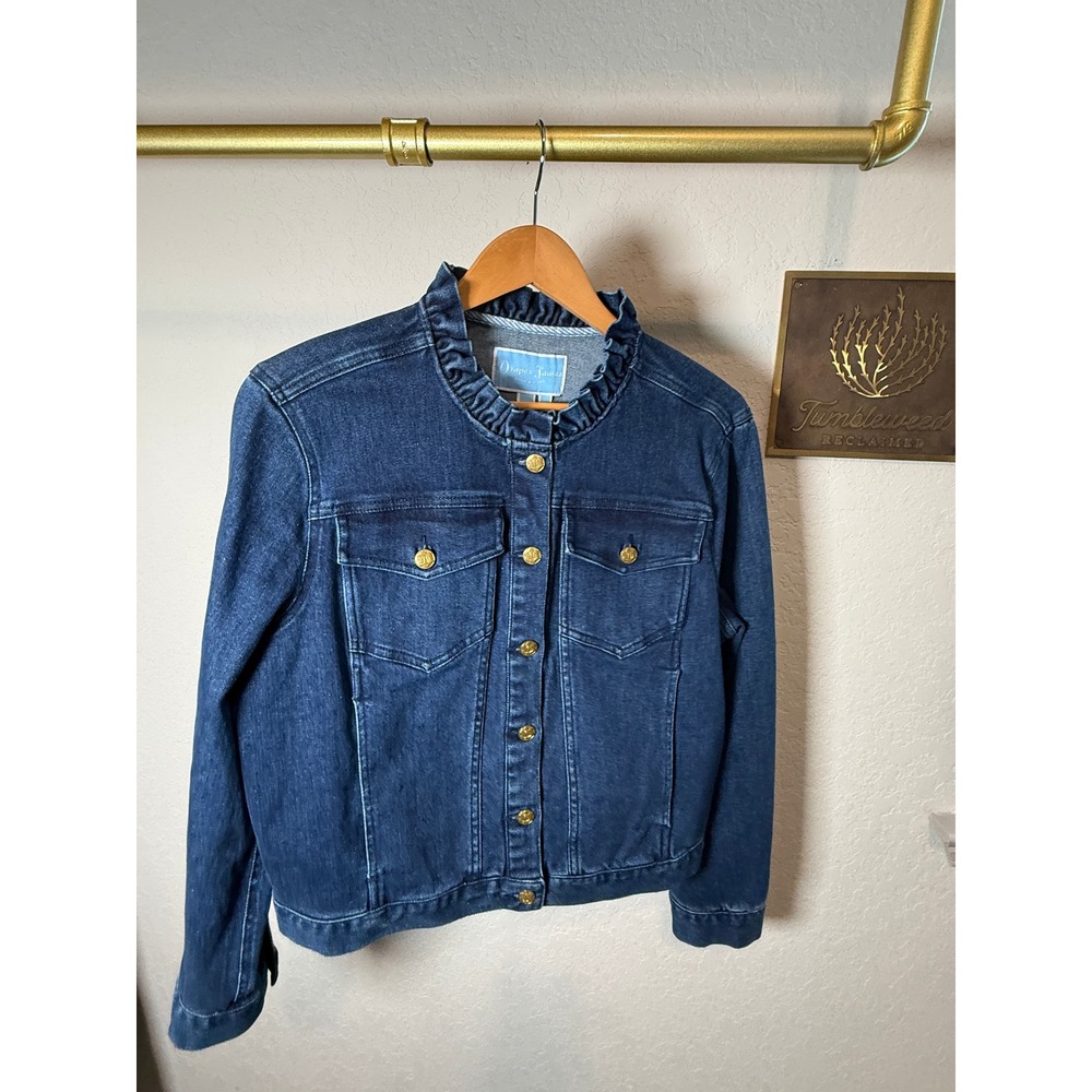 Draper James Ruffle Collar Denim Jacket Dark Wash Gold Buttons Blue Womens L